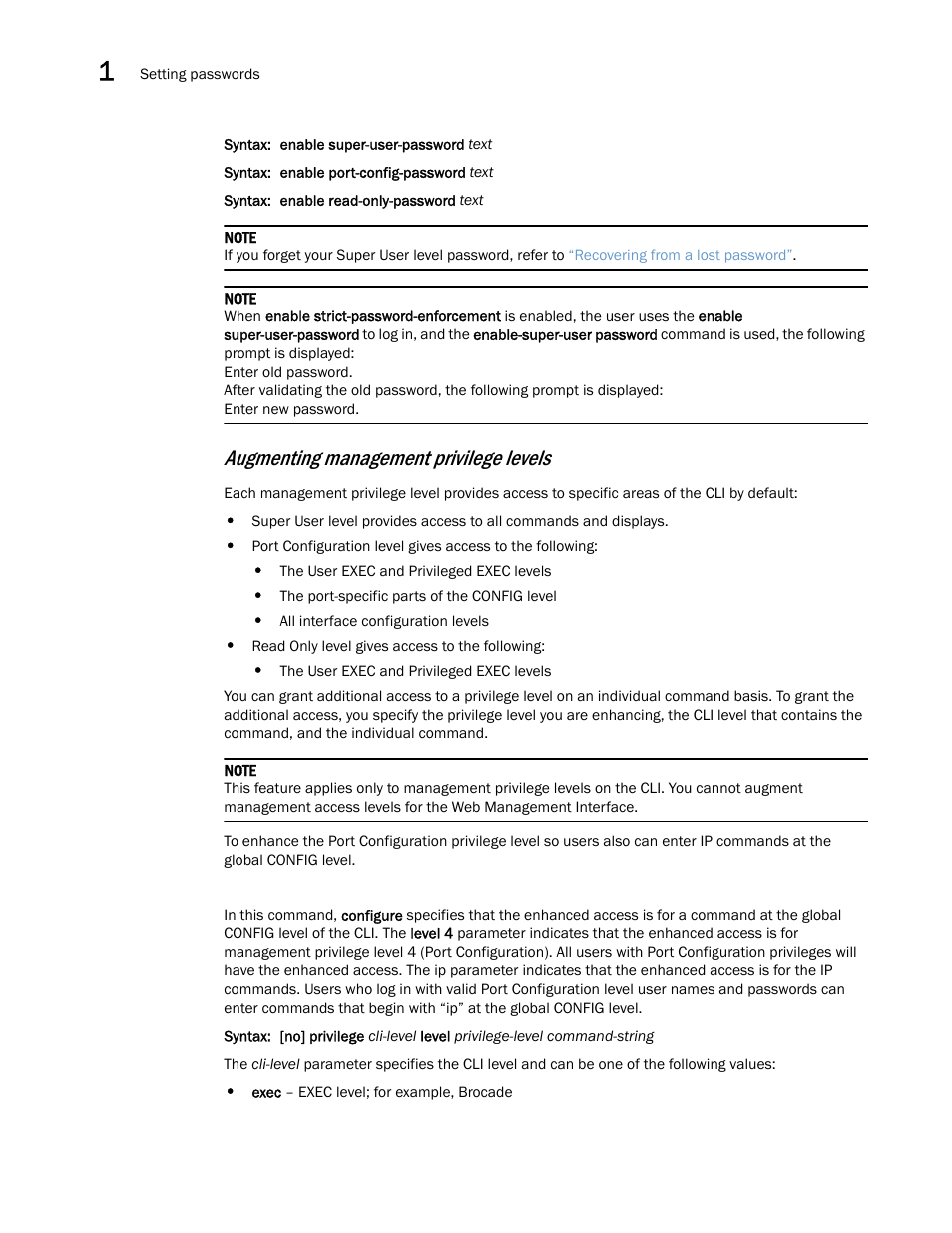 Augmenting management privilege levels | Brocade Multi-Service IronWare Security Configuration Guide (Supporting R05.6.00) User Manual | Page 36 / 370