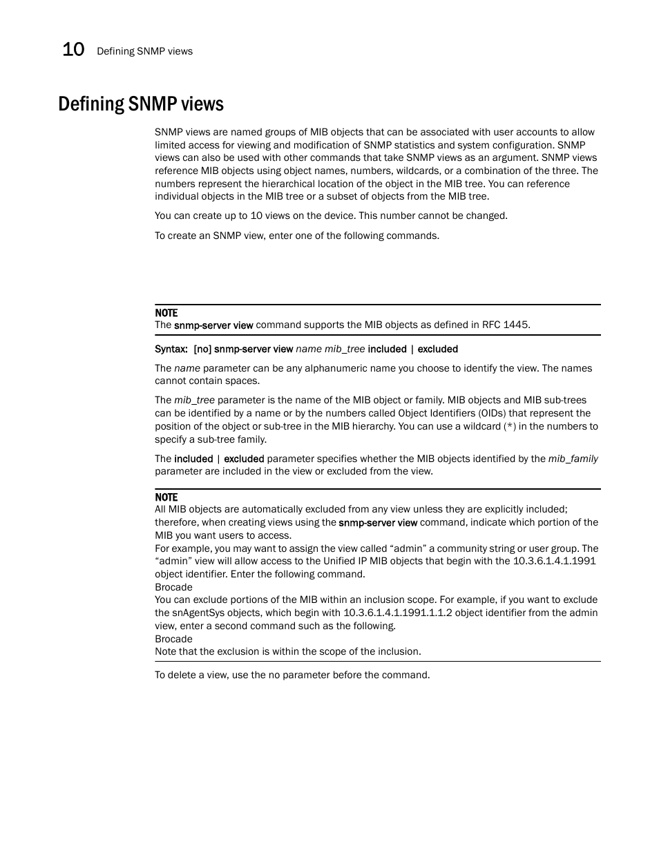 Defining snmp views, The section | Brocade Multi-Service IronWare Security Configuration Guide (Supporting R05.6.00) User Manual | Page 362 / 370