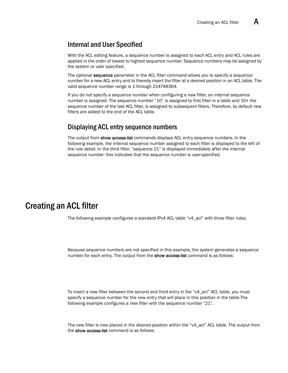 Internal and user specified, Displaying acl entry sequence numbers, Creating an acl filter | Brocade Multi-Service IronWare Security Configuration Guide (Supporting R05.6.00) User Manual | Page 367 / 370