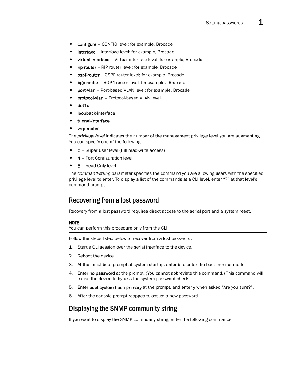 Recovering from a lost password, Displaying the snmp community string | Brocade Multi-Service IronWare Security Configuration Guide (Supporting R05.6.00) User Manual | Page 37 / 370