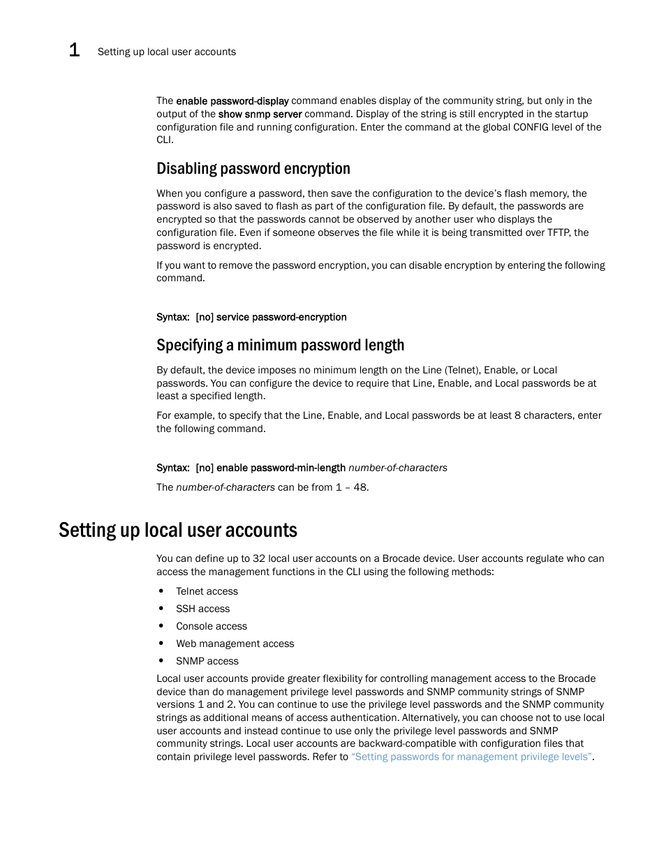 Disabling password encryption, Specifying a minimum password length, Setting up local user accounts | Brocade Multi-Service IronWare Security Configuration Guide (Supporting R05.6.00) User Manual | Page 38 / 370