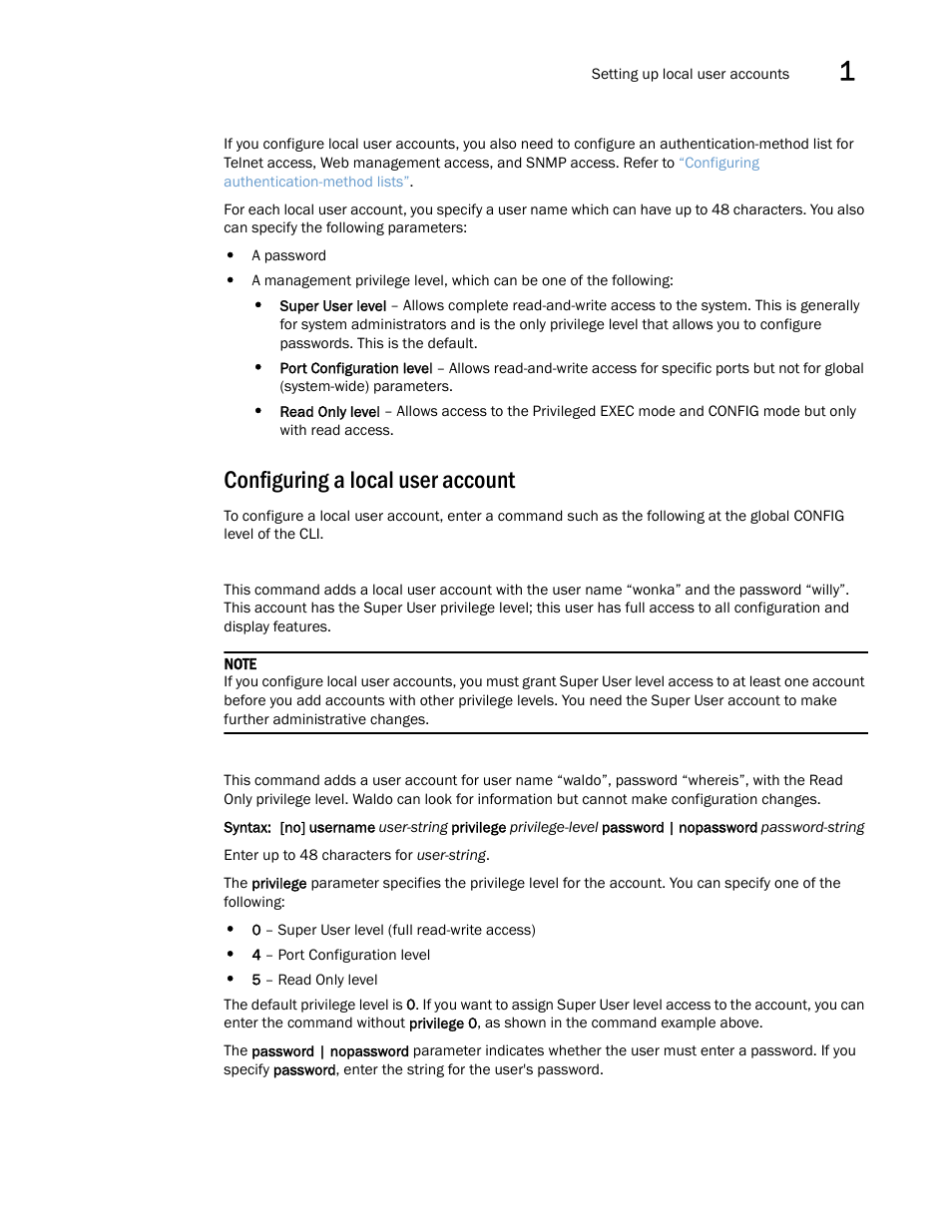 Configuring a local user account | Brocade Multi-Service IronWare Security Configuration Guide (Supporting R05.6.00) User Manual | Page 39 / 370