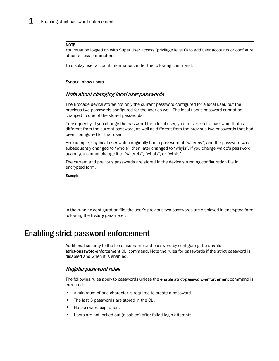 Enabling strict password enforcement, Regular password rules | Brocade Multi-Service IronWare Security Configuration Guide (Supporting R05.6.00) User Manual | Page 40 / 370