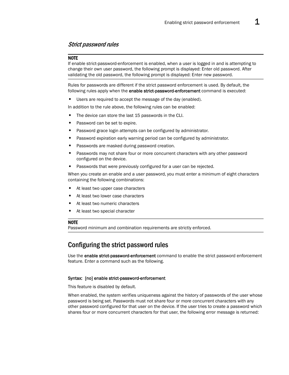 Configuring the strict password rules, Strict password rules | Brocade Multi-Service IronWare Security Configuration Guide (Supporting R05.6.00) User Manual | Page 41 / 370