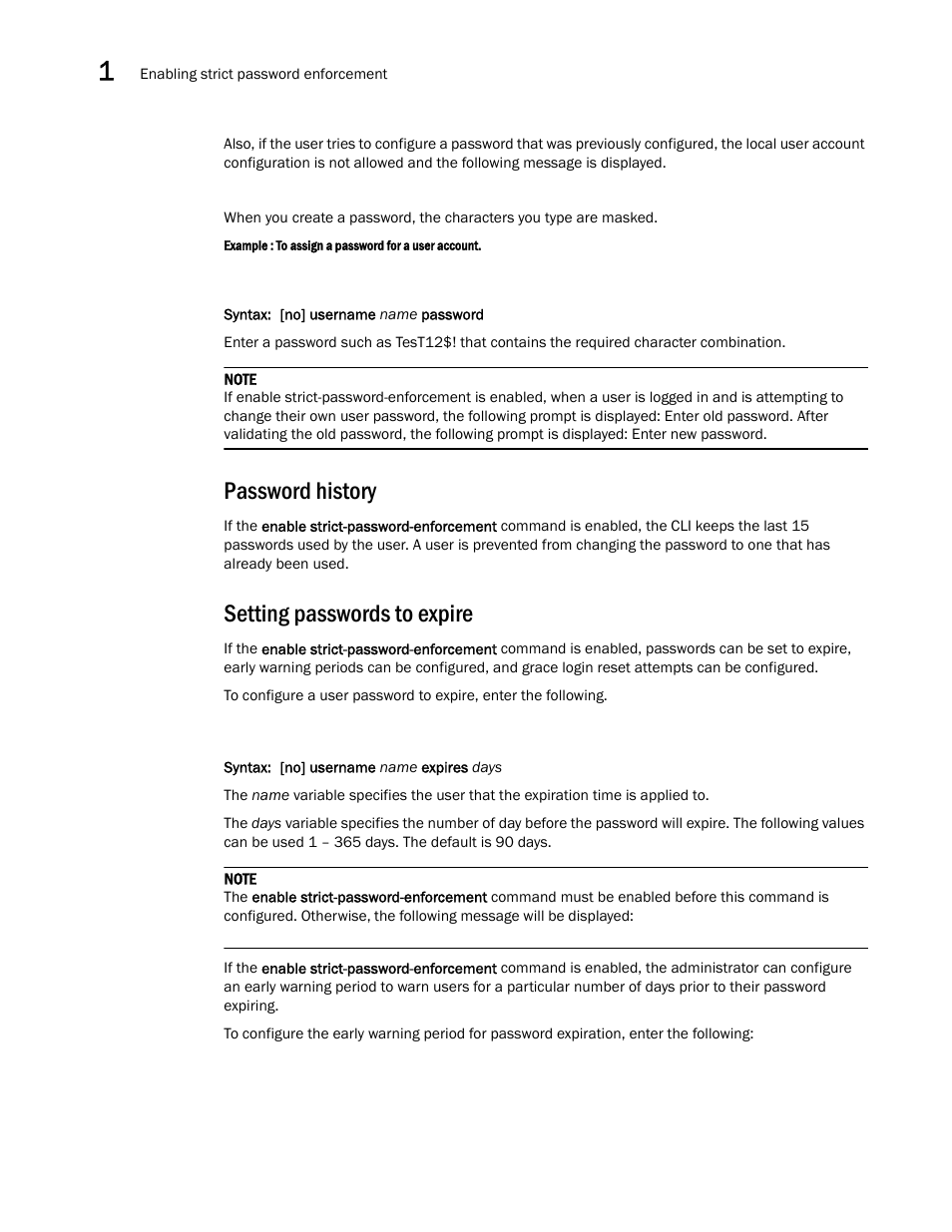 Password history, Setting passwords to expire | Brocade Multi-Service IronWare Security Configuration Guide (Supporting R05.6.00) User Manual | Page 42 / 370