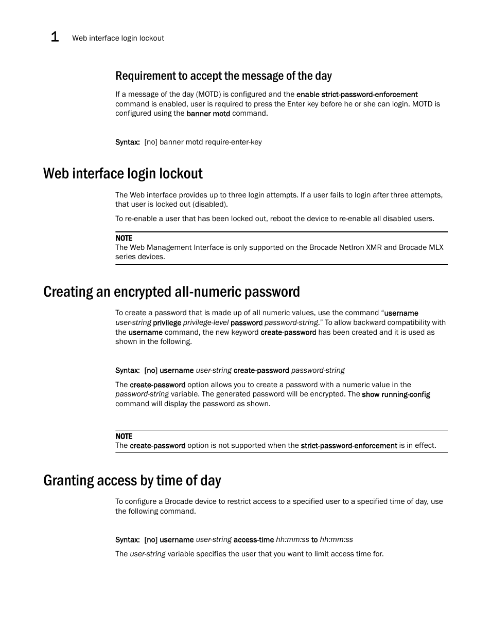 Requirement to accept the message of the day, Web interface login lockout, Creating an encrypted all-numeric password | Granting access by time of day | Brocade Multi-Service IronWare Security Configuration Guide (Supporting R05.6.00) User Manual | Page 44 / 370