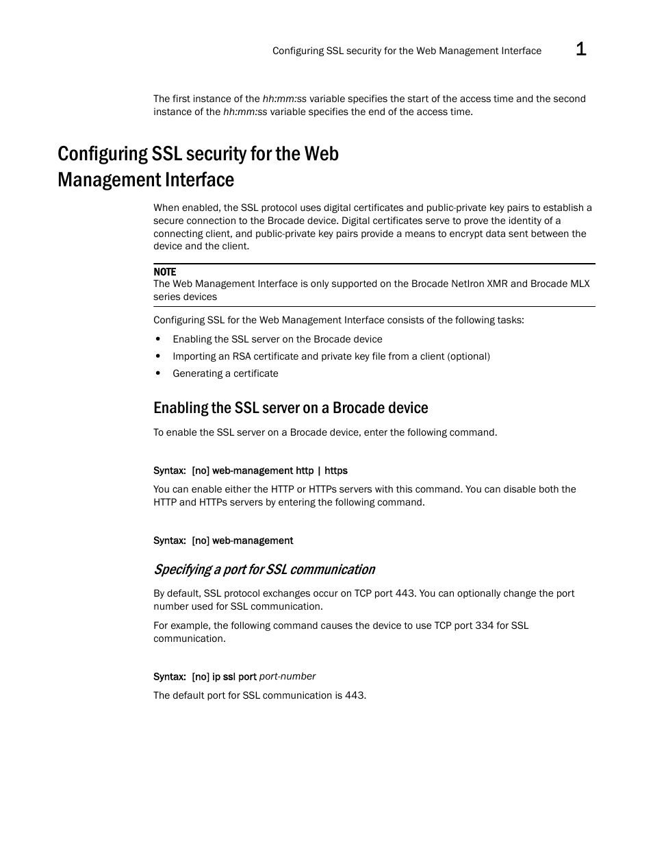 Enabling the ssl server on a brocade device, Specifying a port for ssl communication | Brocade Multi-Service IronWare Security Configuration Guide (Supporting R05.6.00) User Manual | Page 45 / 370