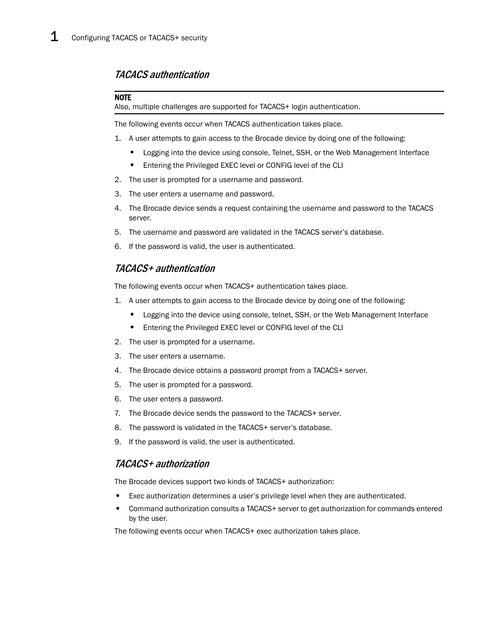 Tacacs authentication, Tacacs+ authentication, Tacacs+ authorization | Brocade Multi-Service IronWare Security Configuration Guide (Supporting R05.6.00) User Manual | Page 48 / 370