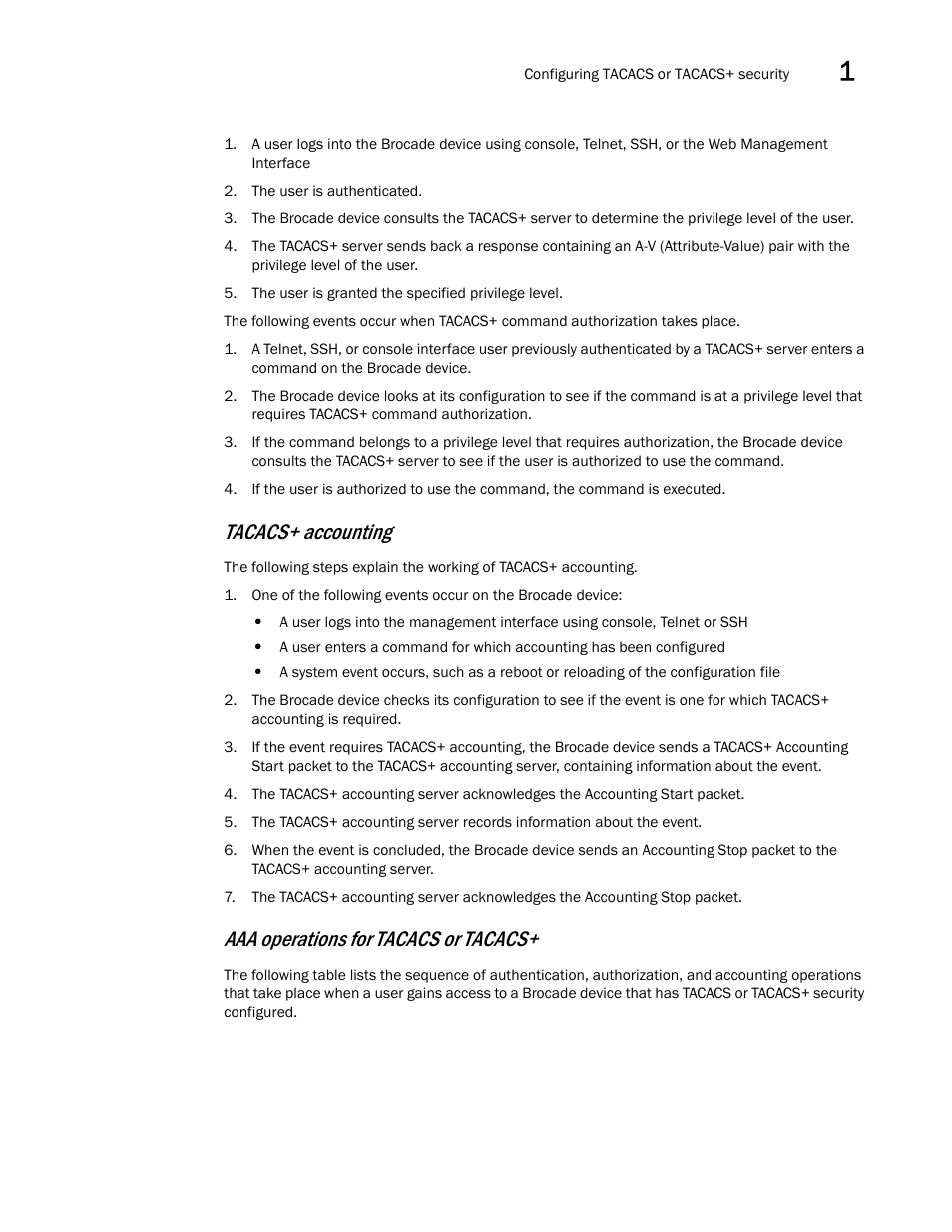 Tacacs+ accounting, Aaa operations for tacacs or tacacs | Brocade Multi-Service IronWare Security Configuration Guide (Supporting R05.6.00) User Manual | Page 49 / 370