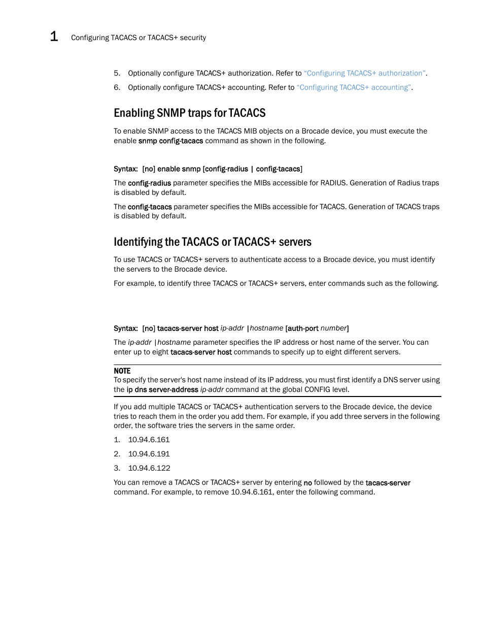 Enabling snmp traps for tacacs, Identifying the tacacs or tacacs+ servers | Brocade Multi-Service IronWare Security Configuration Guide (Supporting R05.6.00) User Manual | Page 52 / 370