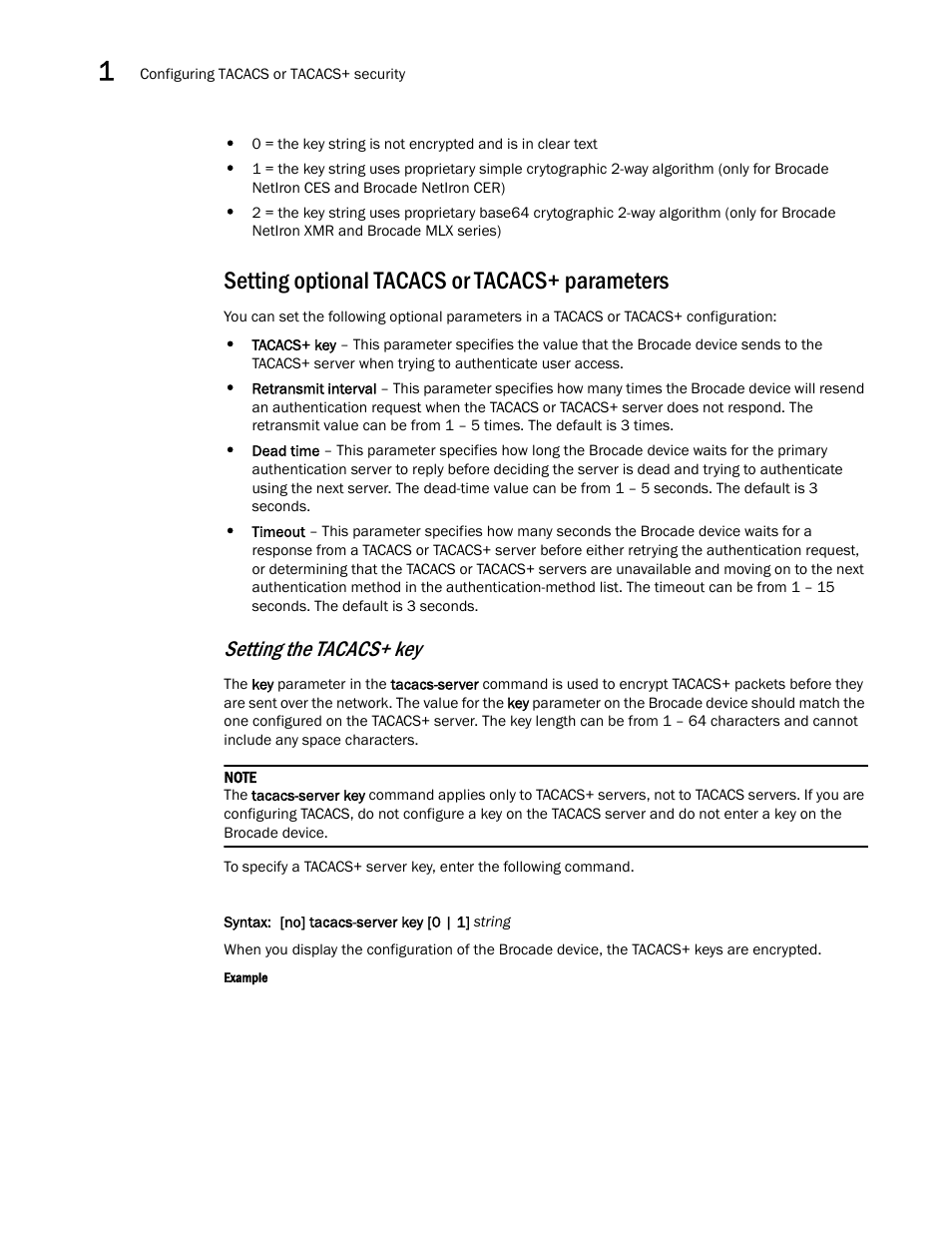 Setting optional tacacs or tacacs+ parameters, Setting the tacacs+ key | Brocade Multi-Service IronWare Security Configuration Guide (Supporting R05.6.00) User Manual | Page 54 / 370