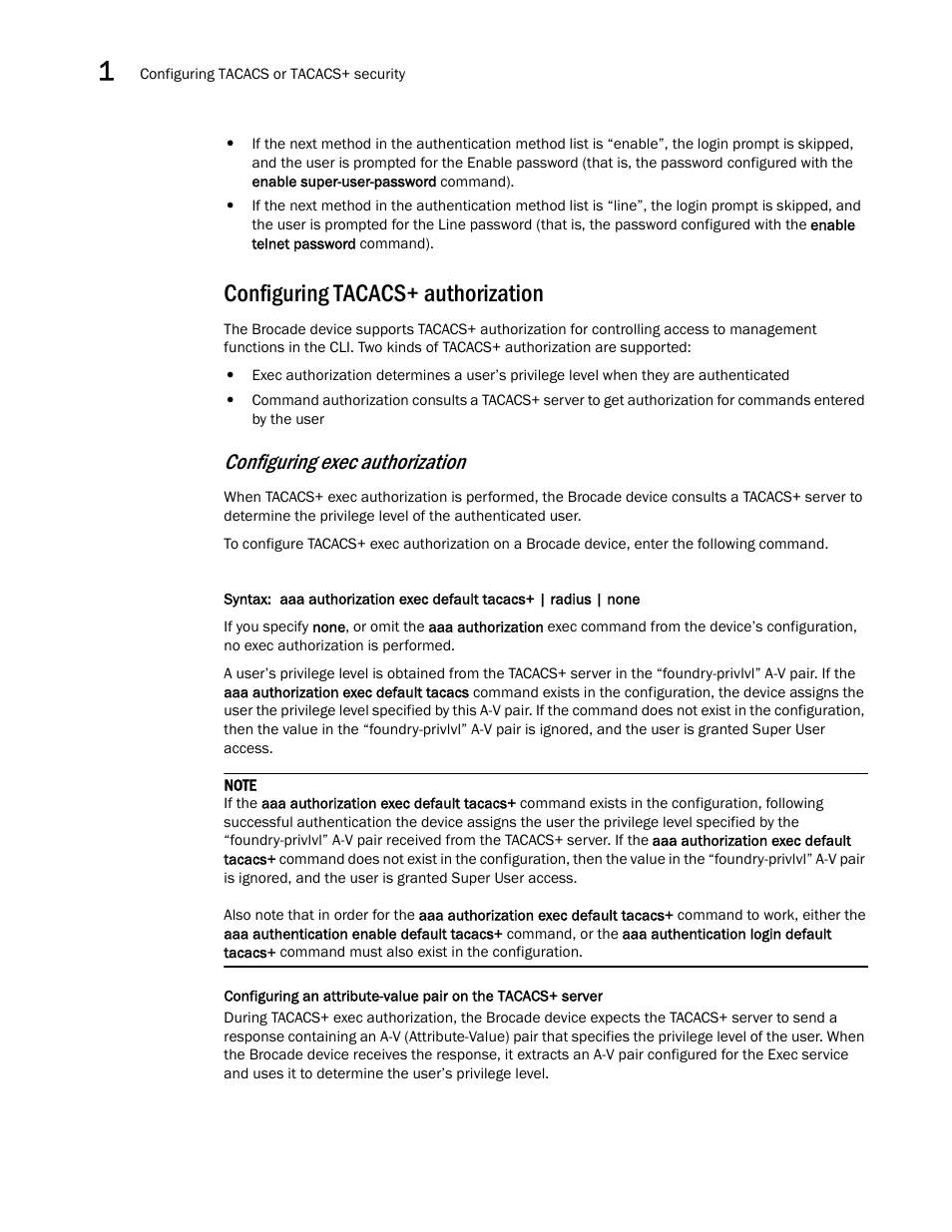 Configuring tacacs+ authorization, Configuring exec authorization | Brocade Multi-Service IronWare Security Configuration Guide (Supporting R05.6.00) User Manual | Page 58 / 370