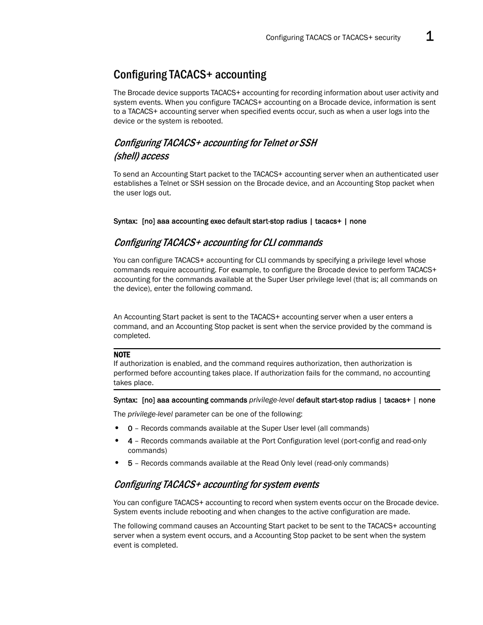 Configuring tacacs+ accounting, Configuring tacacs+ accounting for cli commands, Configuring tacacs+ accounting for system events | Brocade Multi-Service IronWare Security Configuration Guide (Supporting R05.6.00) User Manual | Page 61 / 370