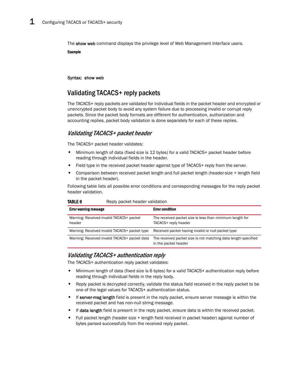 Validating tacacs+ reply packets, Validating tacacs+ packet header, Validating tacacs+ authentication reply | Brocade Multi-Service IronWare Security Configuration Guide (Supporting R05.6.00) User Manual | Page 64 / 370