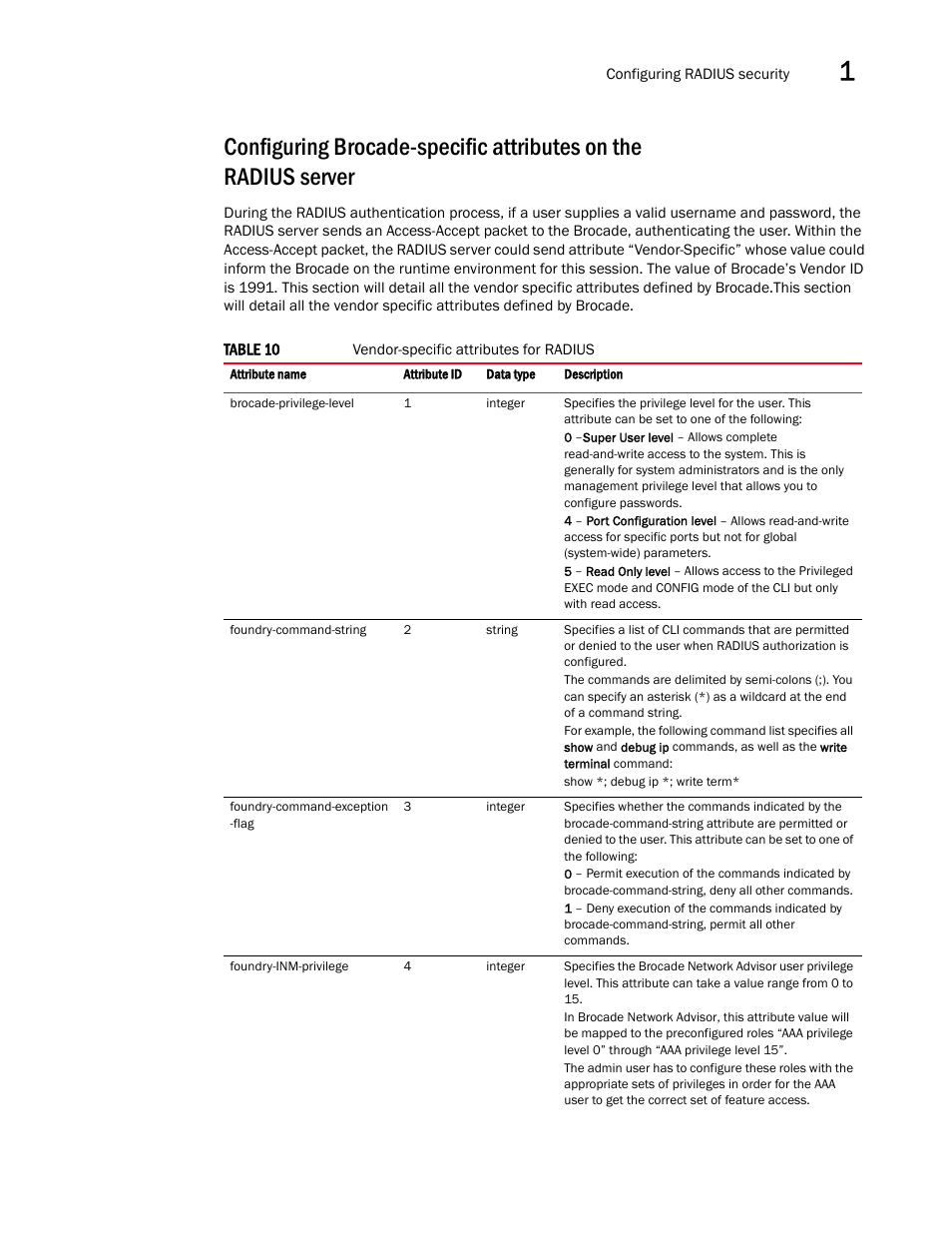 Configuring, Brocade-specific attributes on the radius server | Brocade Multi-Service IronWare Security Configuration Guide (Supporting R05.6.00) User Manual | Page 73 / 370