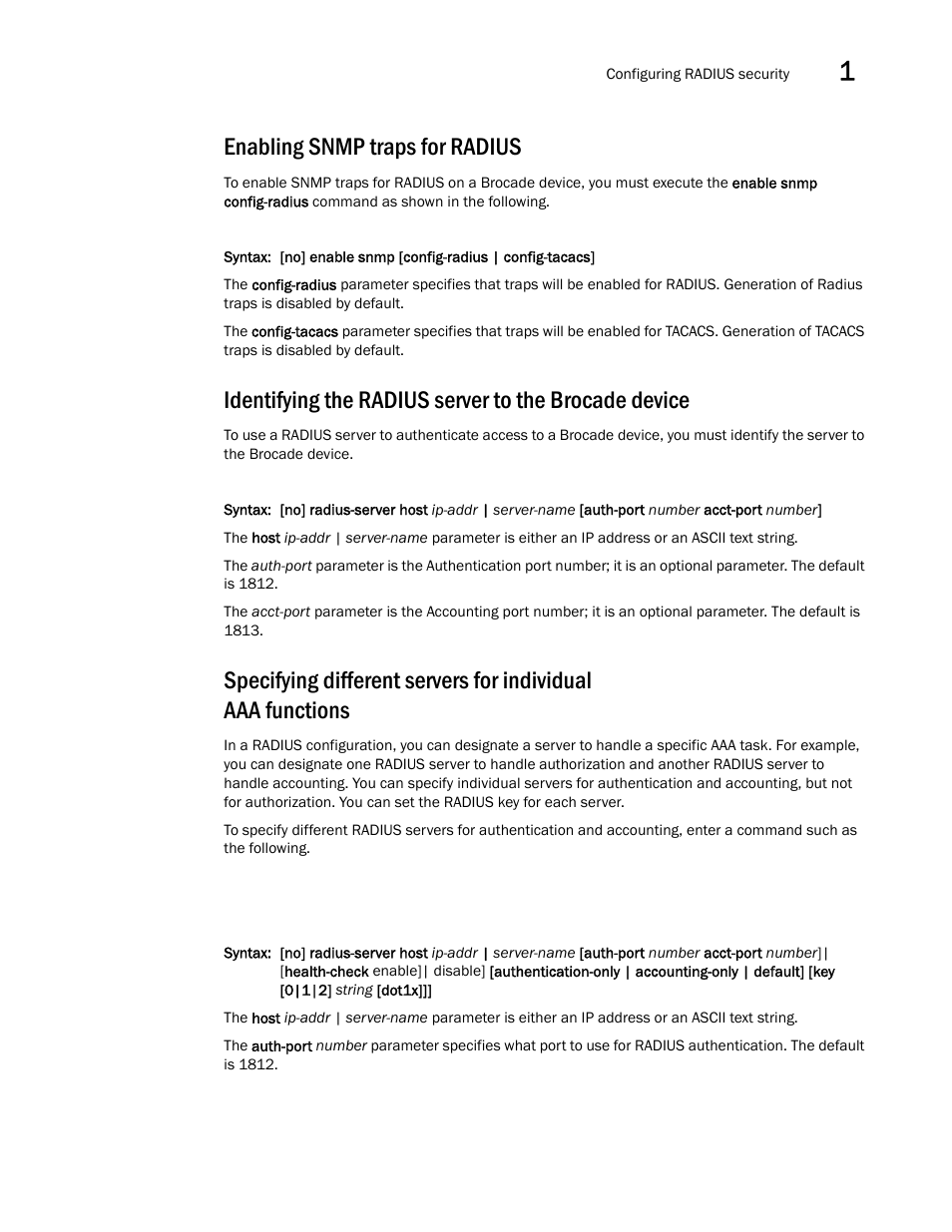 Enabling snmp traps for radius, Identifying the radius server to the, Brocade device | Brocade Multi-Service IronWare Security Configuration Guide (Supporting R05.6.00) User Manual | Page 75 / 370