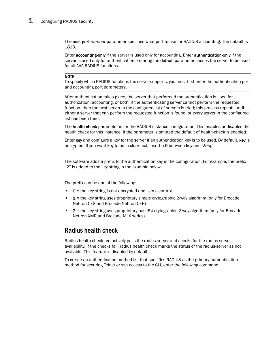 Radius health check | Brocade Multi-Service IronWare Security Configuration Guide (Supporting R05.6.00) User Manual | Page 76 / 370