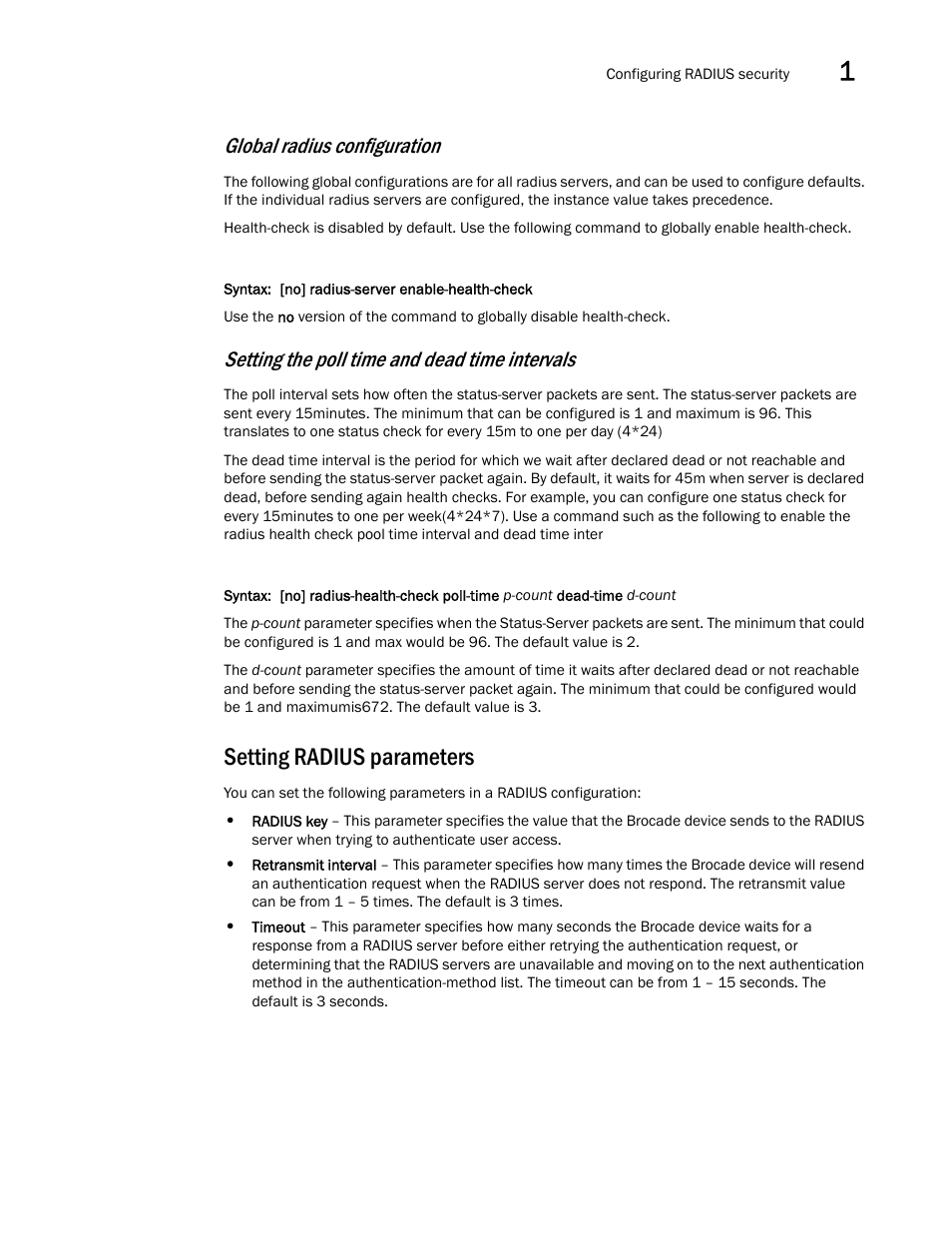 Setting radius parameters, Global radius configuration, Setting the poll time and dead time intervals | Brocade Multi-Service IronWare Security Configuration Guide (Supporting R05.6.00) User Manual | Page 77 / 370