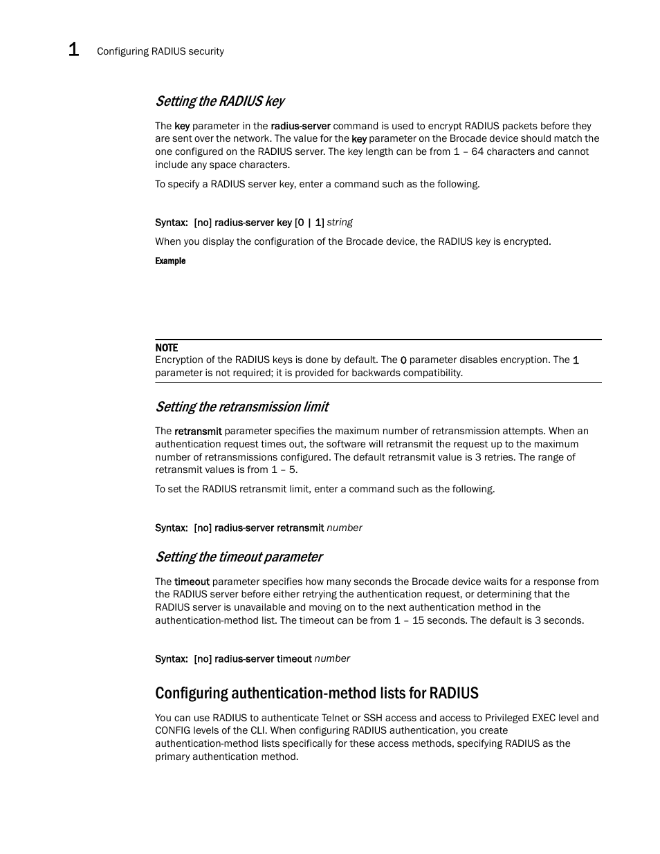 Configuring authentication-method lists for radius, Configuring authentication-method lists for, Radius | Setting the radius key, Setting the retransmission limit, Setting the timeout parameter | Brocade Multi-Service IronWare Security Configuration Guide (Supporting R05.6.00) User Manual | Page 78 / 370