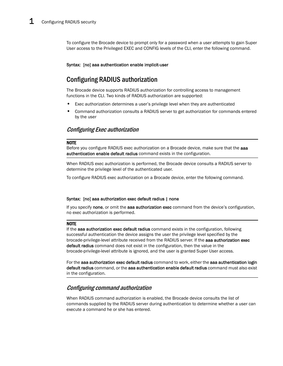 Configuring radius authorization, Configuring exec authorization, Configuring command authorization | Brocade Multi-Service IronWare Security Configuration Guide (Supporting R05.6.00) User Manual | Page 80 / 370