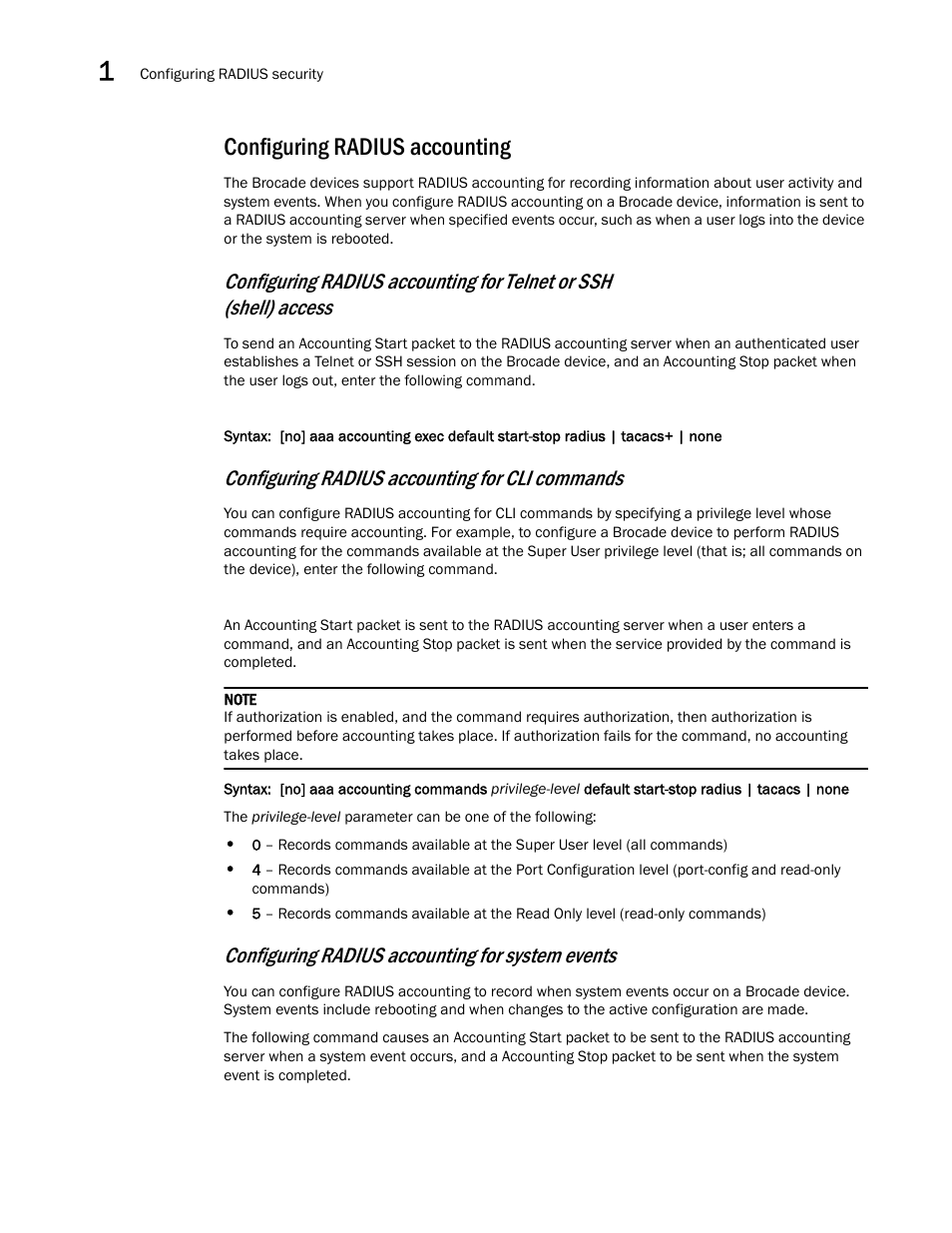 Configuring radius accounting, Configuring radius accounting for cli commands, Configuring radius accounting for system events | Brocade Multi-Service IronWare Security Configuration Guide (Supporting R05.6.00) User Manual | Page 82 / 370