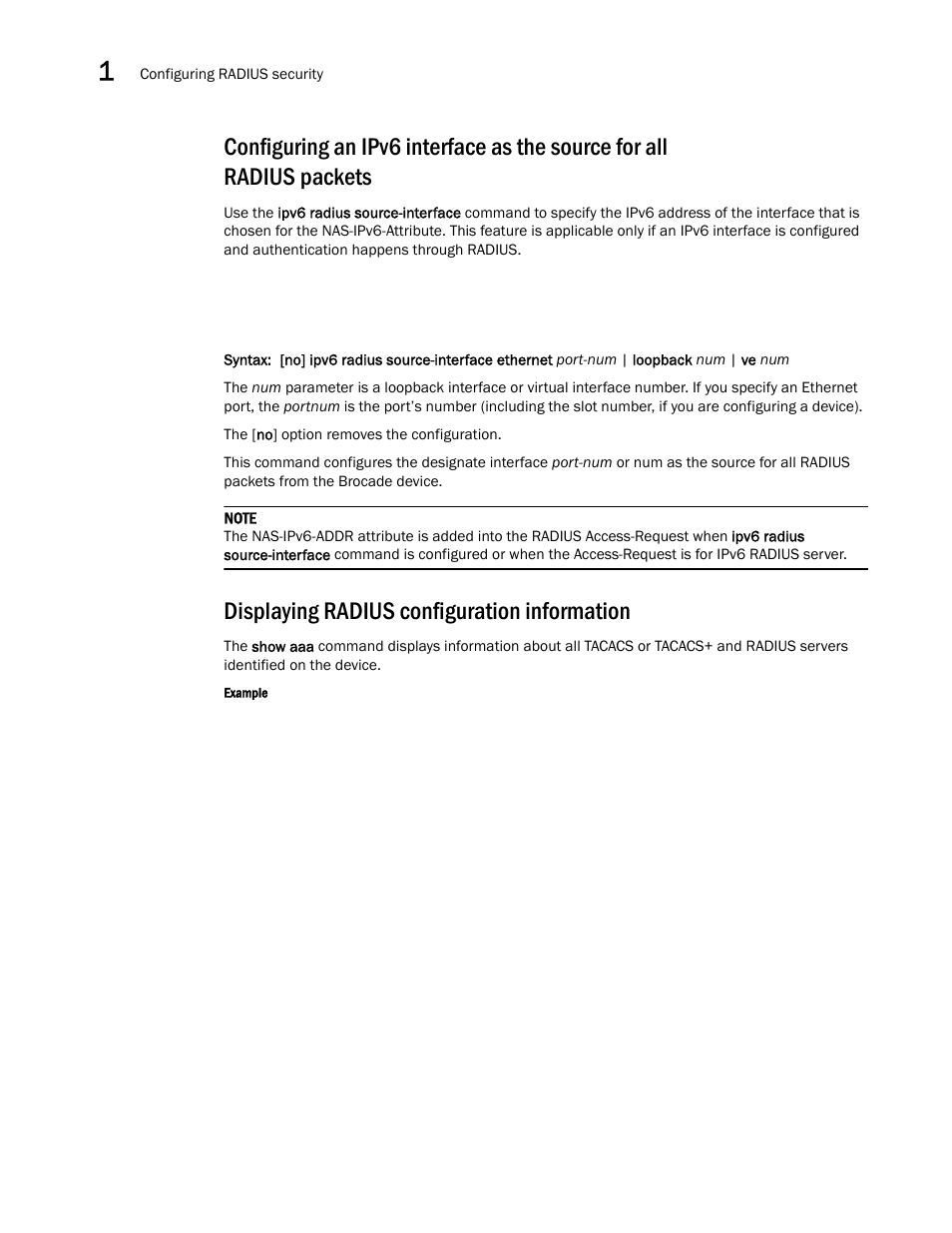 Displaying radius configuration information | Brocade Multi-Service IronWare Security Configuration Guide (Supporting R05.6.00) User Manual | Page 84 / 370