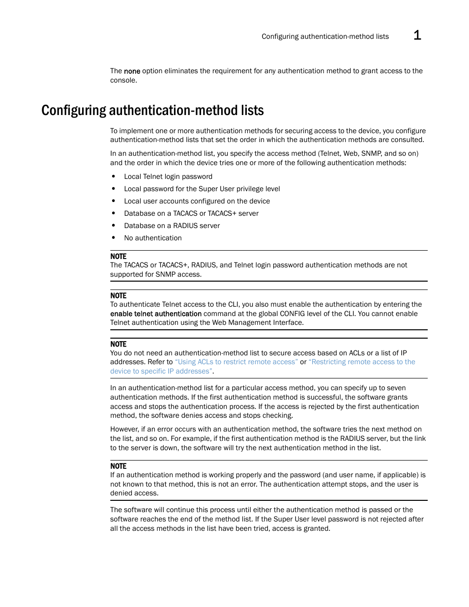 Configuring authentication-method lists, Configuring, Authentication-method lists | Brocade Multi-Service IronWare Security Configuration Guide (Supporting R05.6.00) User Manual | Page 87 / 370