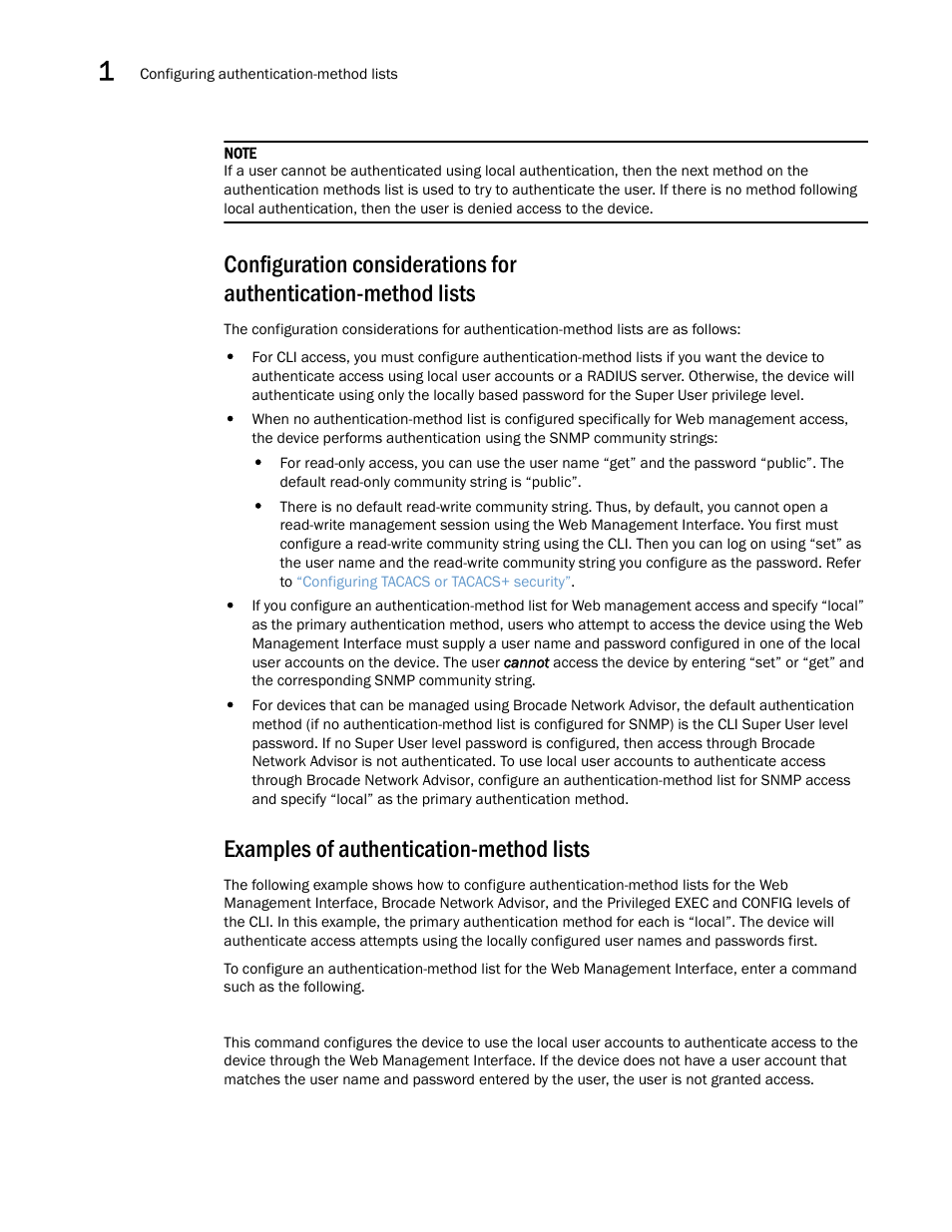 Examples of authentication-method lists | Brocade Multi-Service IronWare Security Configuration Guide (Supporting R05.6.00) User Manual | Page 88 / 370