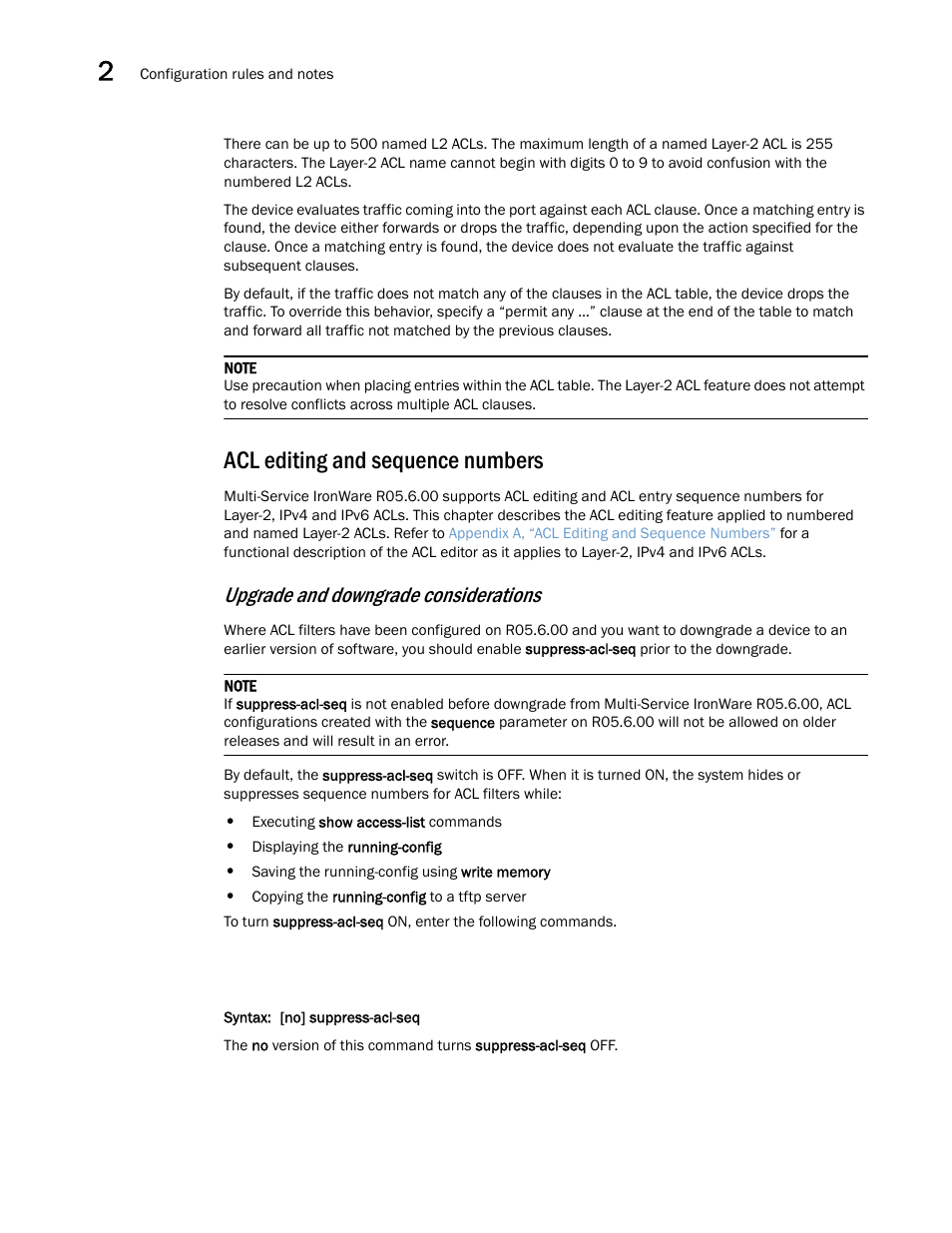 Acl editing and sequence numbers, Upgrade and downgrade considerations | Brocade Multi-Service IronWare Security Configuration Guide (Supporting R05.6.00) User Manual | Page 94 / 370