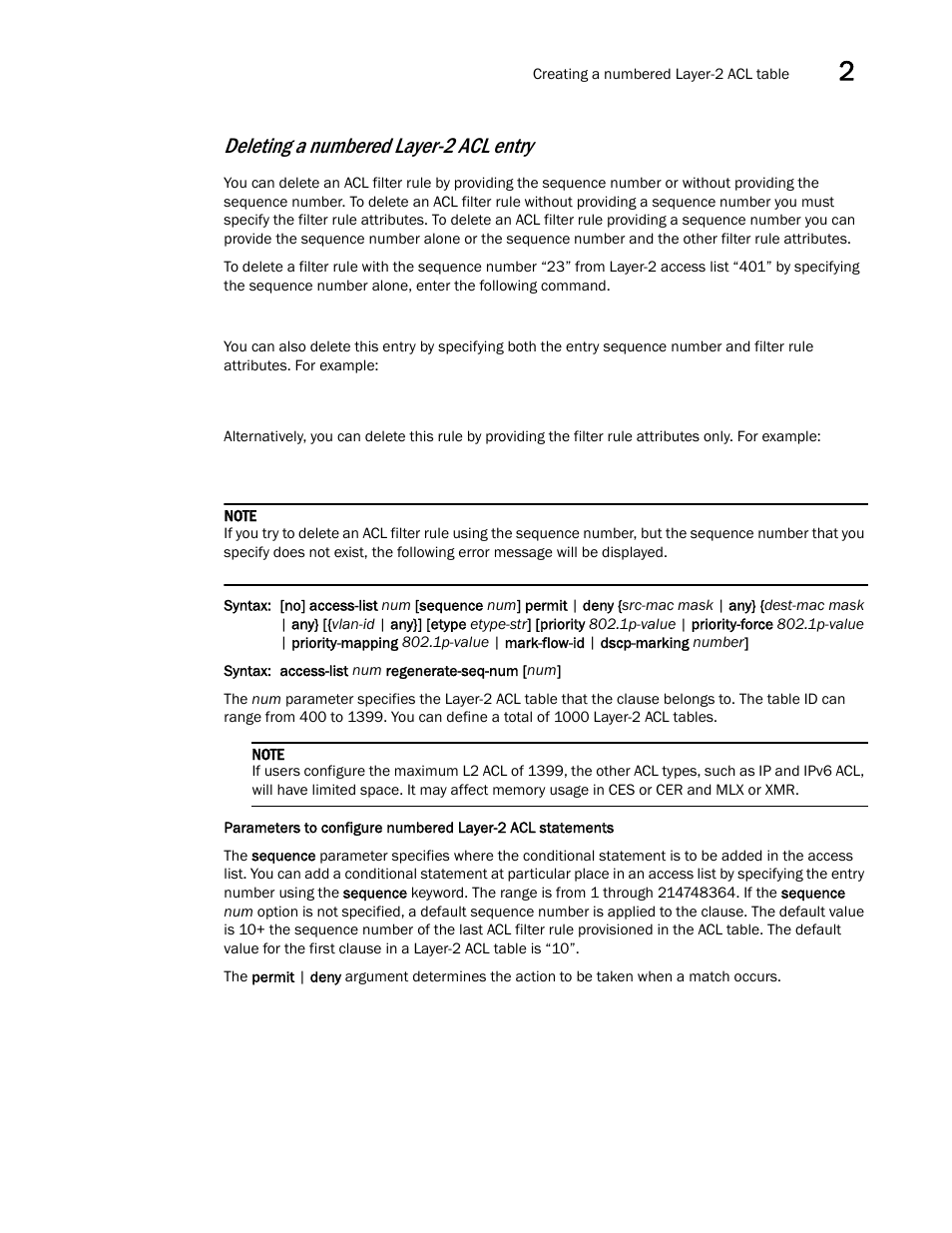 Deleting a numbered layer-2 acl entry | Brocade Multi-Service IronWare Security Configuration Guide (Supporting R05.6.00) User Manual | Page 97 / 370