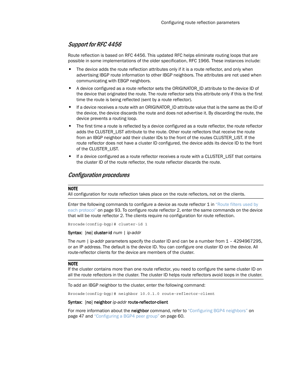 Support for rfc 4456, Configuration procedures | Brocade Multi-Service IronWare Routing Configuration Guide (Supporting R05.6.00) User Manual | Page 103 / 846