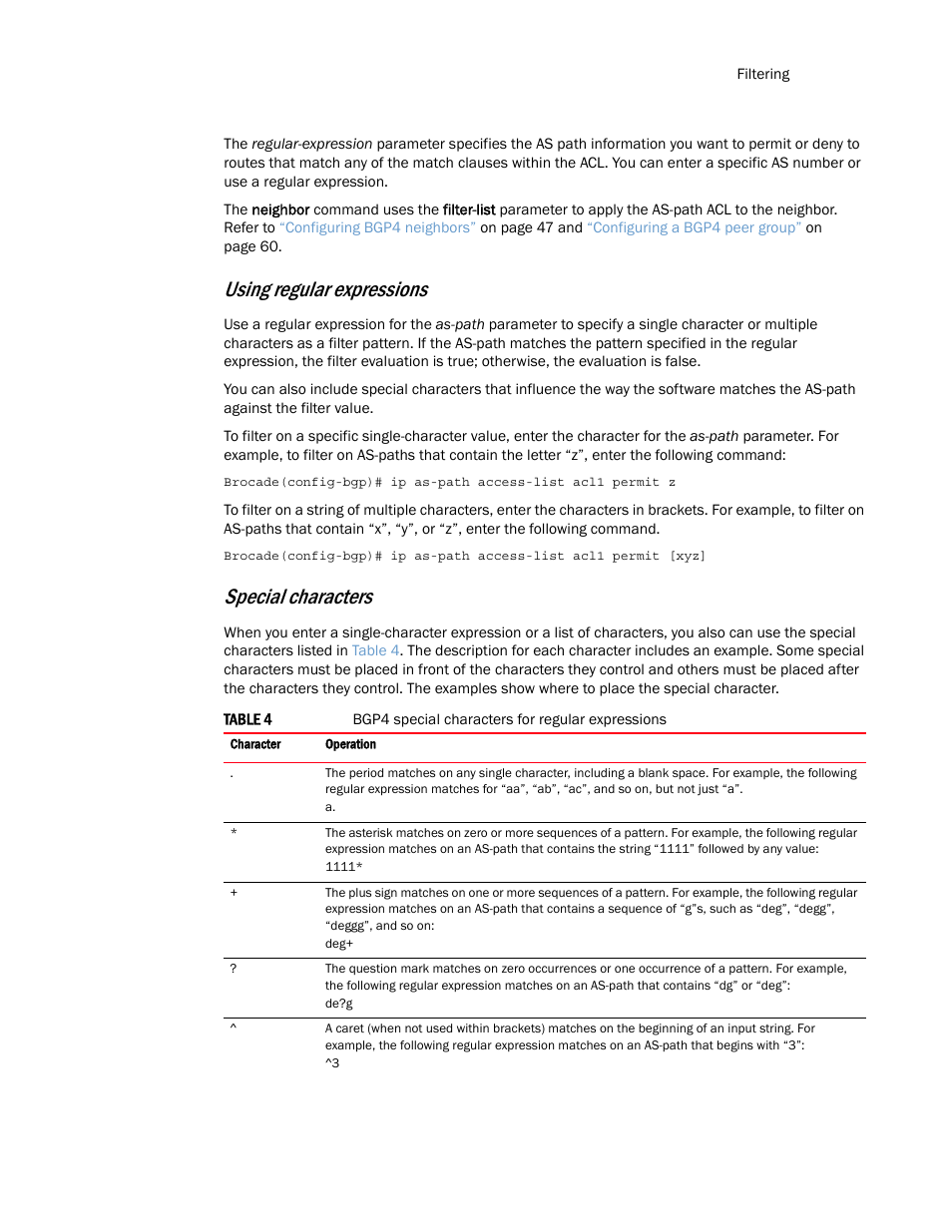 Using regular expressions, Special characters | Brocade Multi-Service IronWare Routing Configuration Guide (Supporting R05.6.00) User Manual | Page 105 / 846