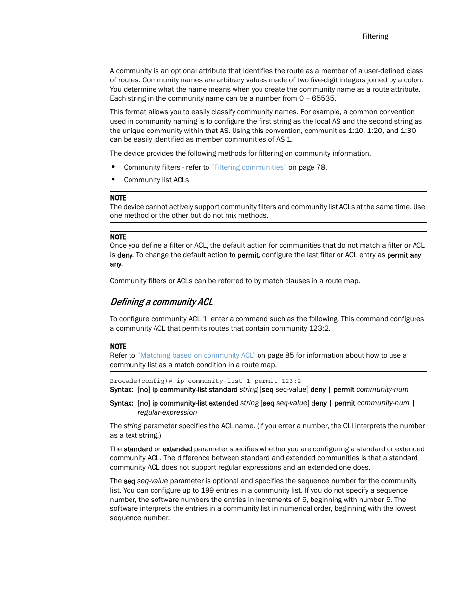 Defining a community acl | Brocade Multi-Service IronWare Routing Configuration Guide (Supporting R05.6.00) User Manual | Page 107 / 846