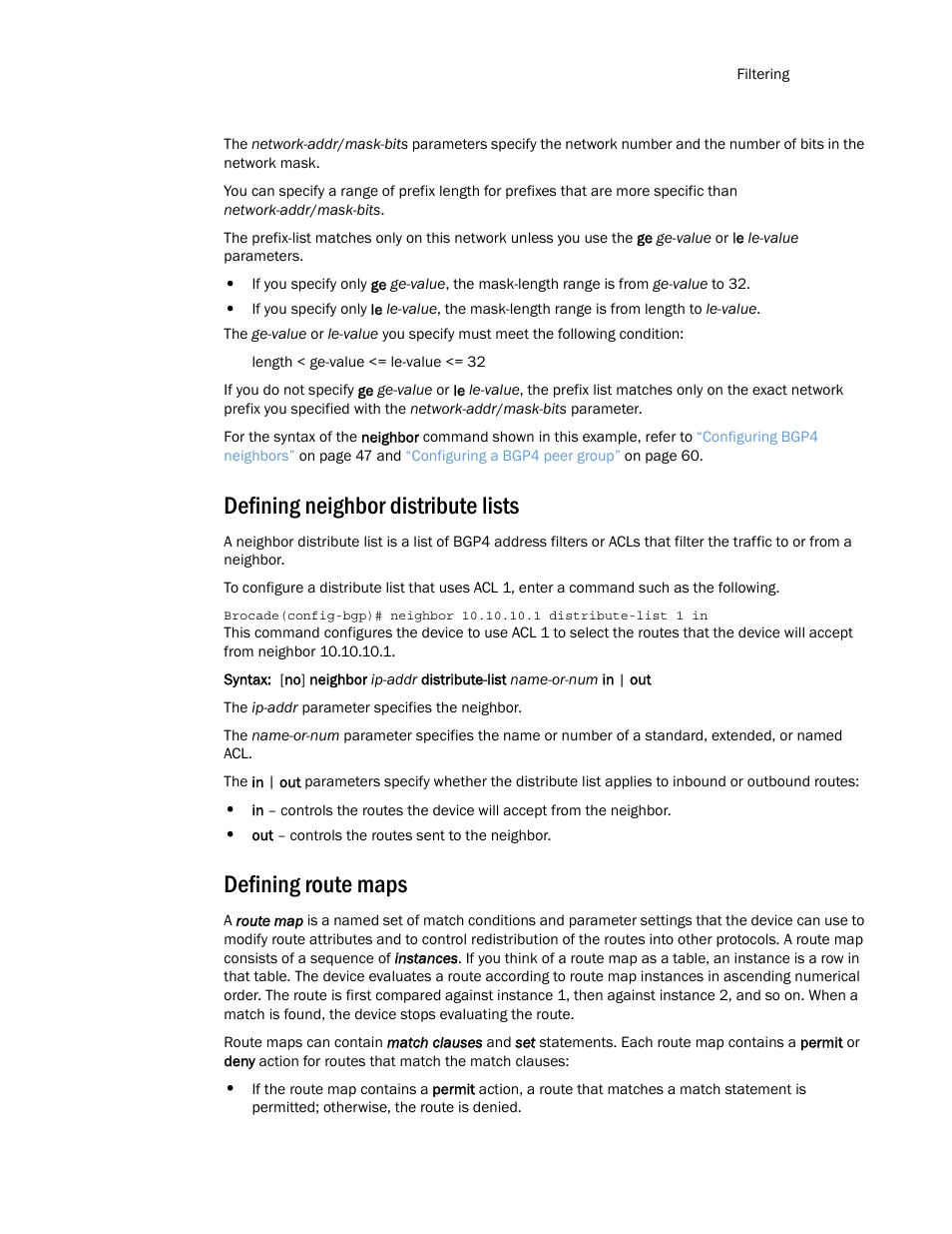 Defining neighbor distribute lists, Defining route maps | Brocade Multi-Service IronWare Routing Configuration Guide (Supporting R05.6.00) User Manual | Page 109 / 846