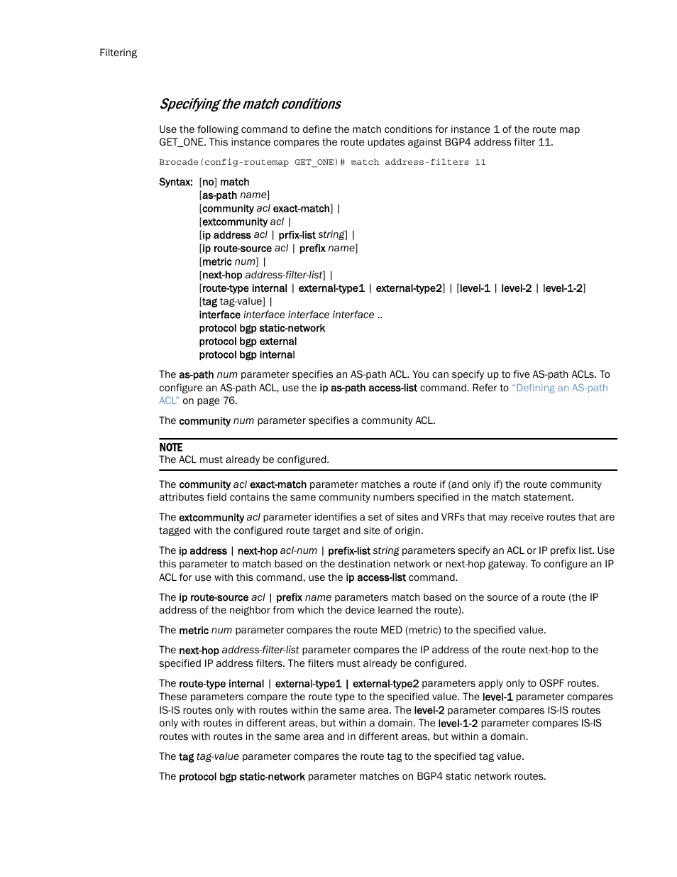 Specifying the match conditions | Brocade Multi-Service IronWare Routing Configuration Guide (Supporting R05.6.00) User Manual | Page 112 / 846