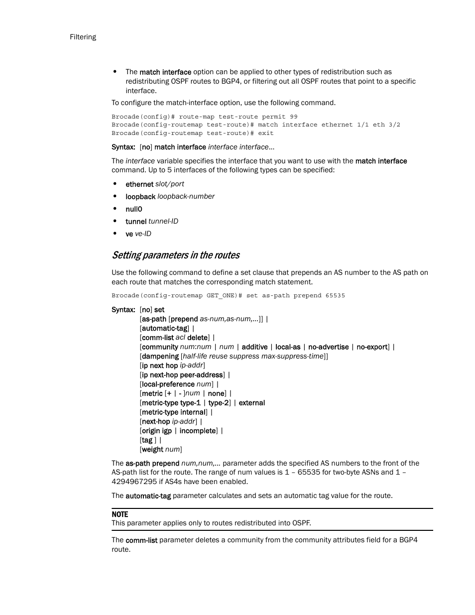 Setting parameters in the routes | Brocade Multi-Service IronWare Routing Configuration Guide (Supporting R05.6.00) User Manual | Page 116 / 846