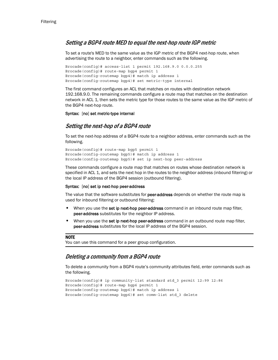 Setting the next-hop of a bgp4 route, Deleting a community from a bgp4 route | Brocade Multi-Service IronWare Routing Configuration Guide (Supporting R05.6.00) User Manual | Page 118 / 846