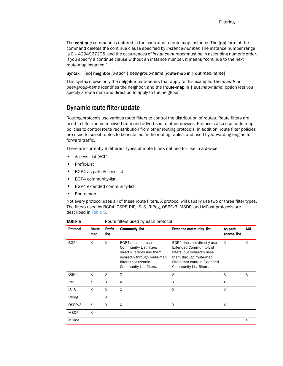 Dynamic route filter update, Route filters used by, Each protocol | Brocade Multi-Service IronWare Routing Configuration Guide (Supporting R05.6.00) User Manual | Page 121 / 846