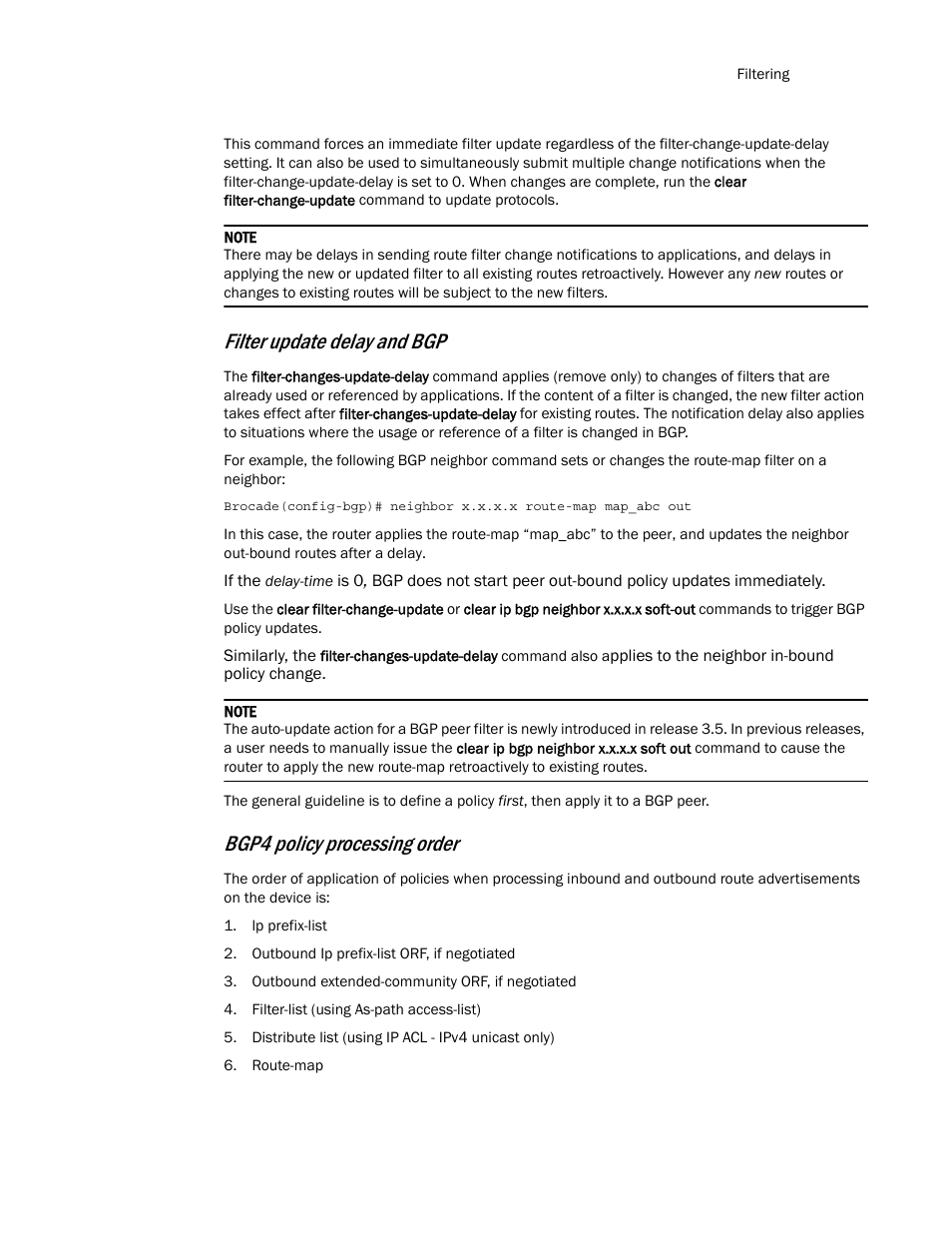 Filter update delay and bgp, Bgp4 policy processing order | Brocade Multi-Service IronWare Routing Configuration Guide (Supporting R05.6.00) User Manual | Page 123 / 846