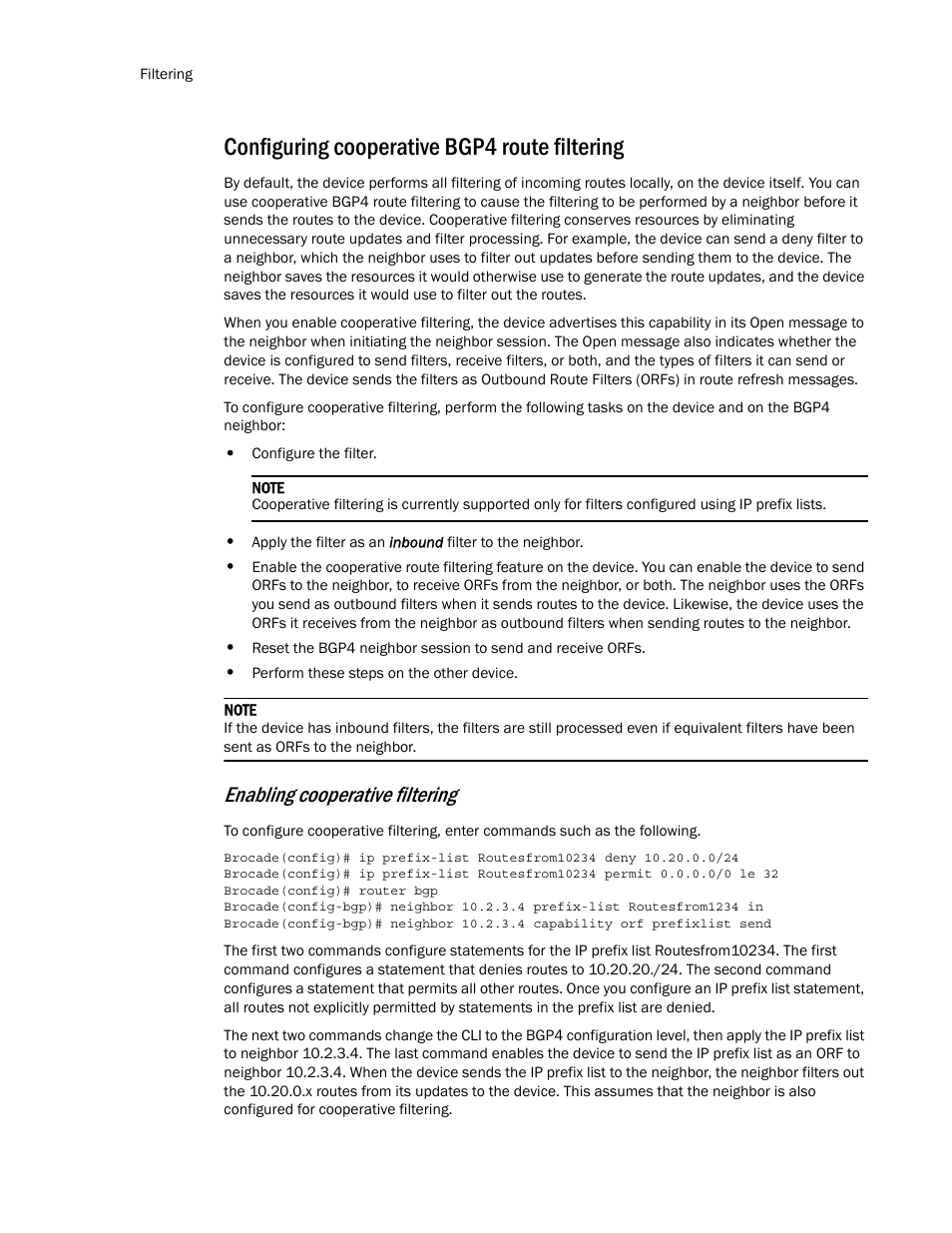 Configuring cooperative bgp4 route filtering, Enabling cooperative filtering | Brocade Multi-Service IronWare Routing Configuration Guide (Supporting R05.6.00) User Manual | Page 124 / 846