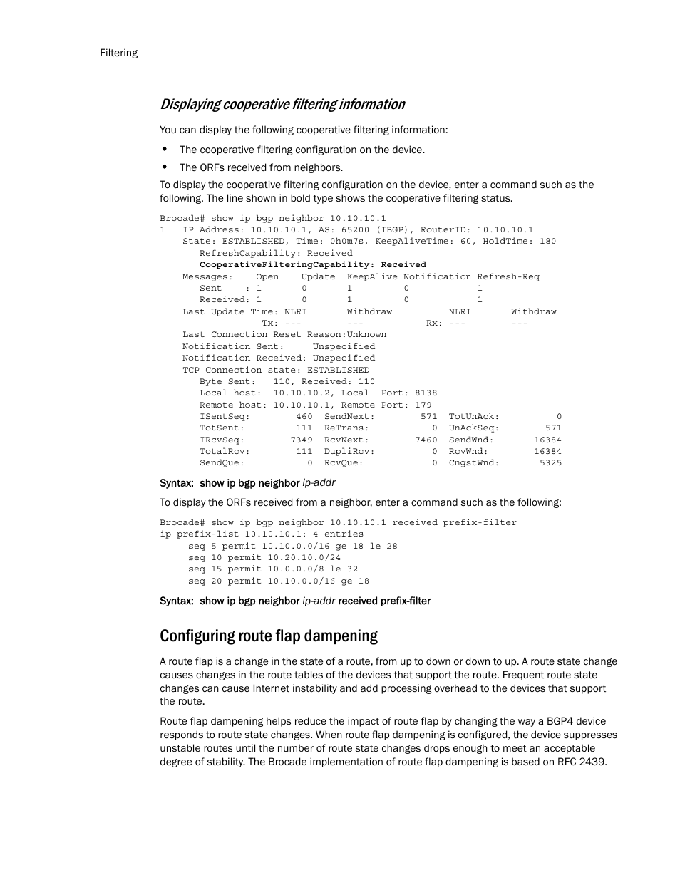 Configuring route flap dampening, Displaying cooperative filtering information | Brocade Multi-Service IronWare Routing Configuration Guide (Supporting R05.6.00) User Manual | Page 126 / 846