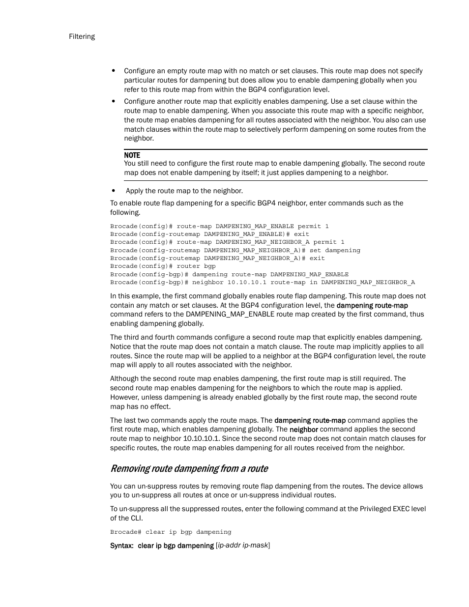 Removing route dampening from a route | Brocade Multi-Service IronWare Routing Configuration Guide (Supporting R05.6.00) User Manual | Page 128 / 846