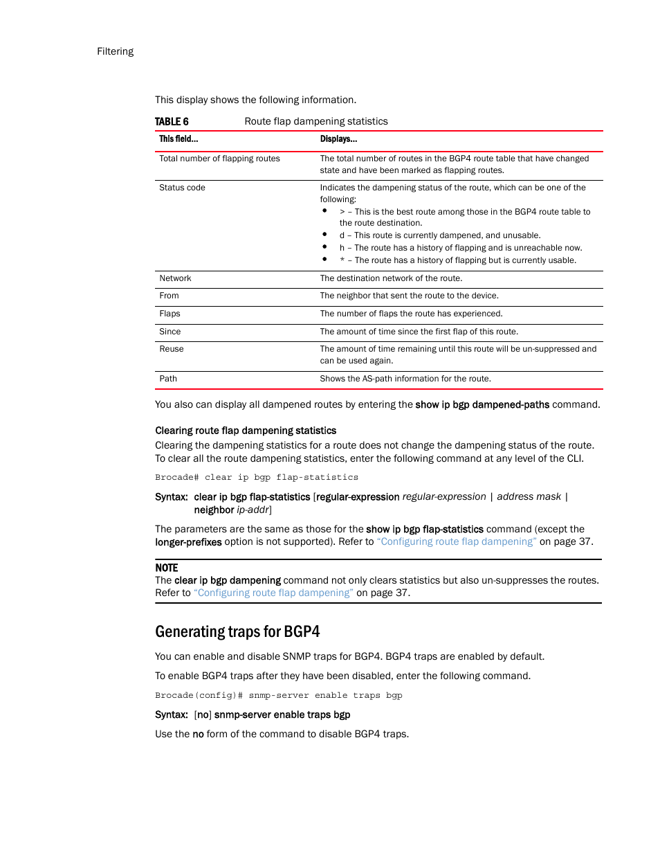 Generating traps for bgp4 | Brocade Multi-Service IronWare Routing Configuration Guide (Supporting R05.6.00) User Manual | Page 130 / 846