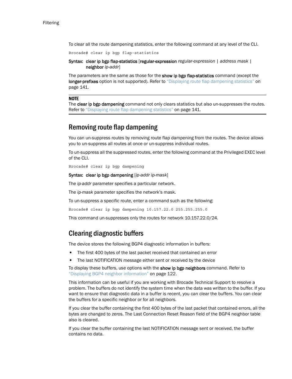 Removing route flap dampening, Clearing diagnostic buffers | Brocade Multi-Service IronWare Routing Configuration Guide (Supporting R05.6.00) User Manual | Page 138 / 846