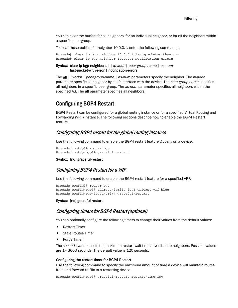Configuring bgp4 restart, Configuring bgp4, Restart | Configuring bgp4 restart for a vrf, Configuring timers for bgp4 restart (optional) | Brocade Multi-Service IronWare Routing Configuration Guide (Supporting R05.6.00) User Manual | Page 139 / 846