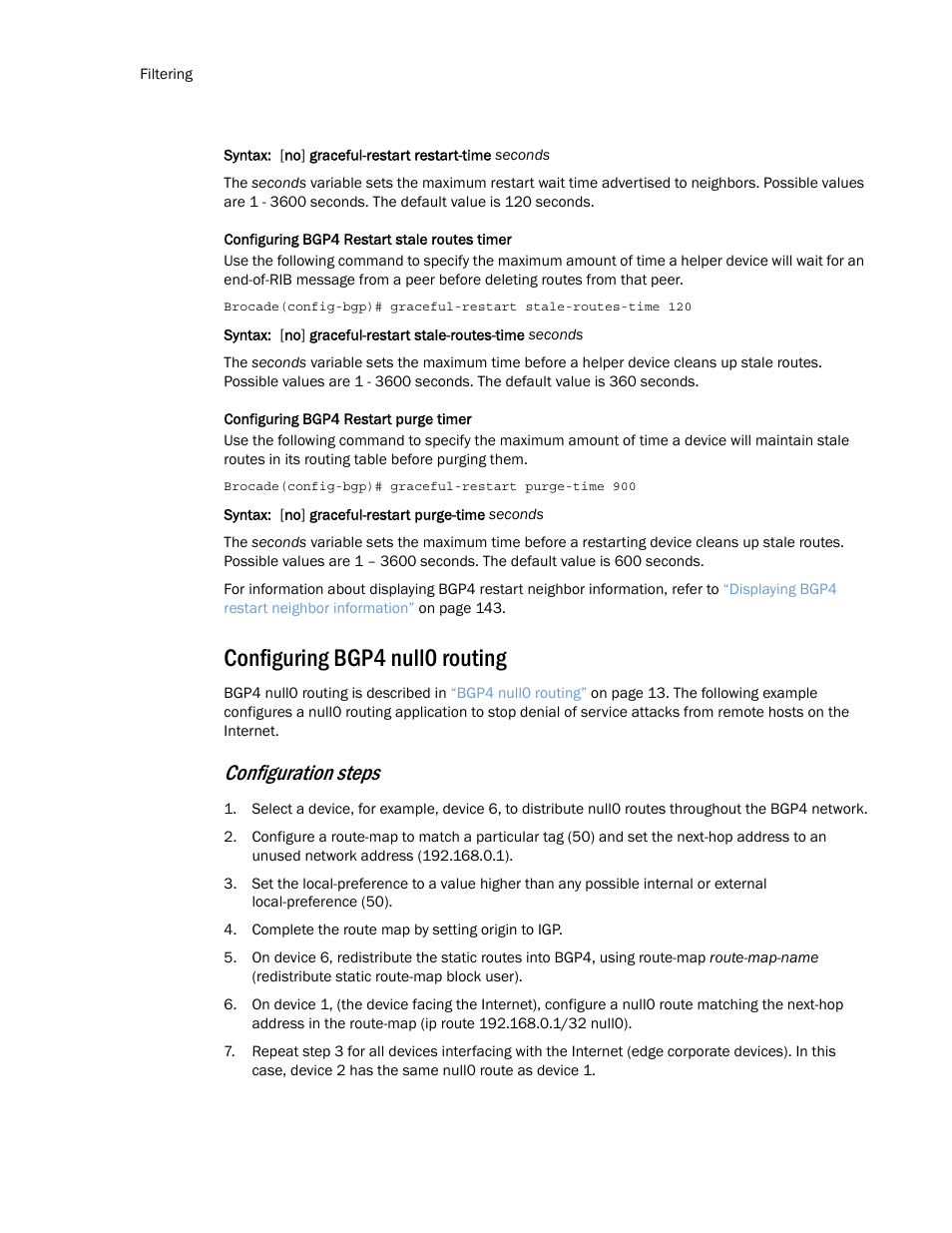 Configuring bgp4 null0 routing, Configuration steps | Brocade Multi-Service IronWare Routing Configuration Guide (Supporting R05.6.00) User Manual | Page 140 / 846