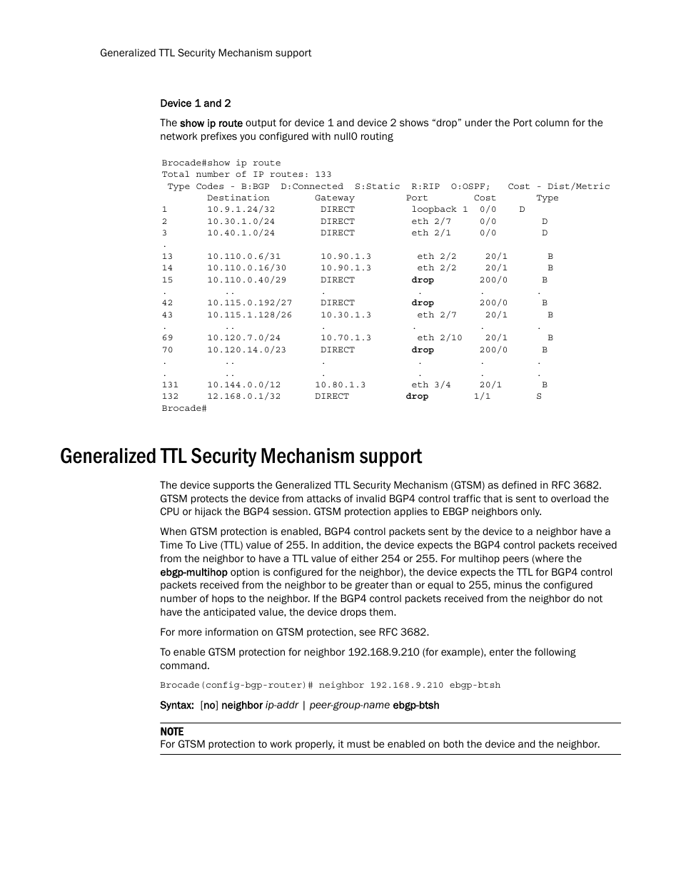 Generalized ttl security mechanism support, Generalized ttl | Brocade Multi-Service IronWare Routing Configuration Guide (Supporting R05.6.00) User Manual | Page 144 / 846