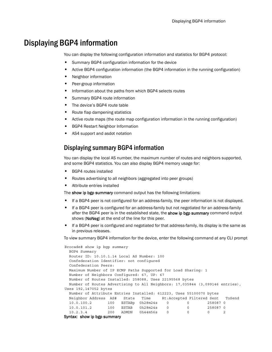 Displaying bgp4 information, Displaying summary bgp4 information | Brocade Multi-Service IronWare Routing Configuration Guide (Supporting R05.6.00) User Manual | Page 145 / 846
