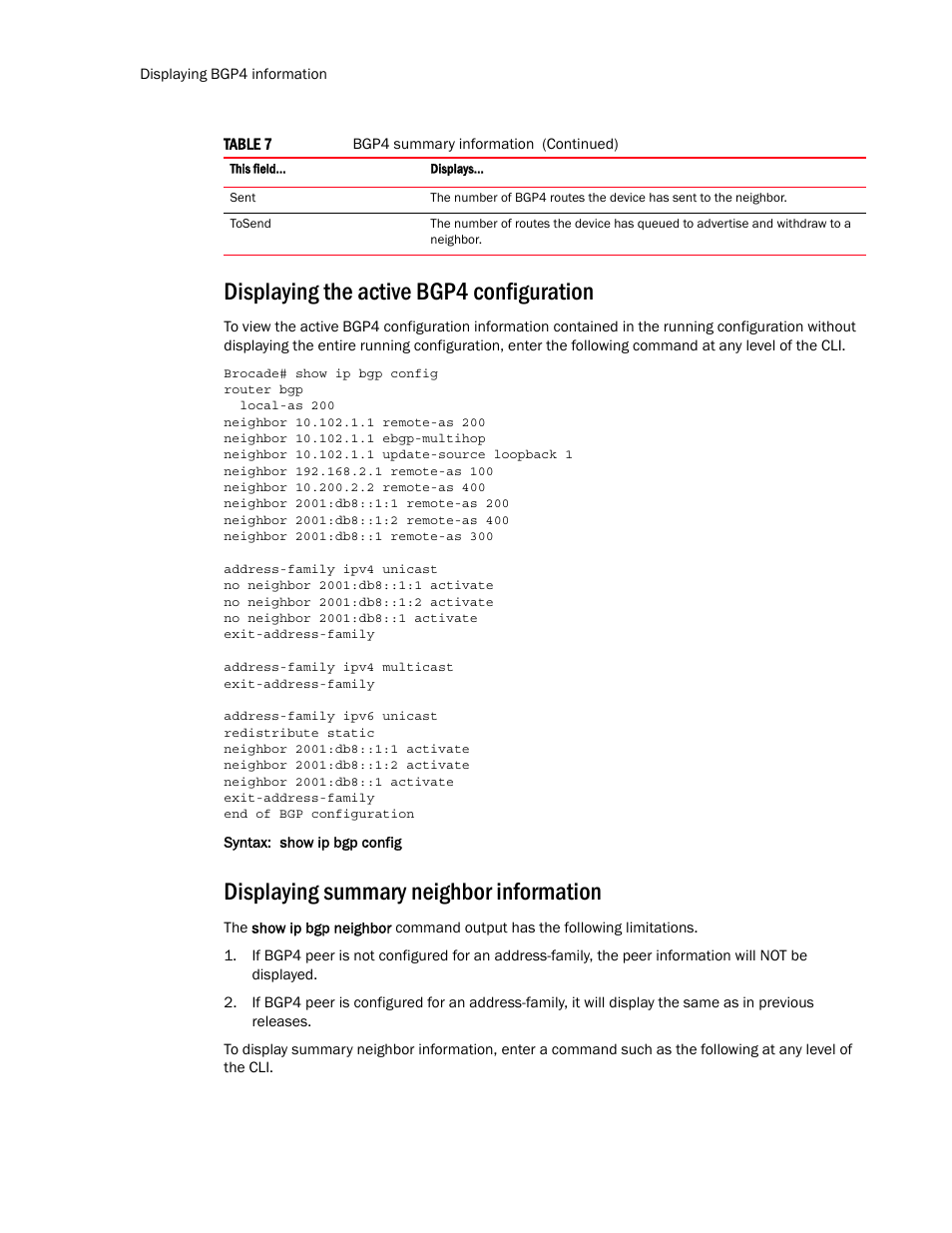 Displaying the active bgp4 configuration, Displaying summary neighbor information | Brocade Multi-Service IronWare Routing Configuration Guide (Supporting R05.6.00) User Manual | Page 148 / 846