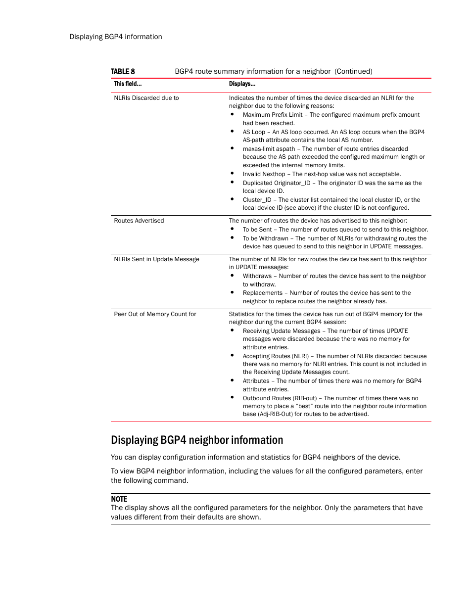 Displaying bgp4 neighbor information | Brocade Multi-Service IronWare Routing Configuration Guide (Supporting R05.6.00) User Manual | Page 150 / 846